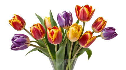colorful tulip bouquet in a glass vase on white, transparent background png 