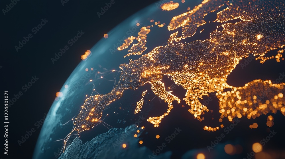 Poster artificial intelligence and machine learning world map with glowing lines connecting ai hubs and res