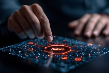 Naklejka premium Hand Interacting with Digital Network Concept Highlighting Policies and Technology in a Modern Setting