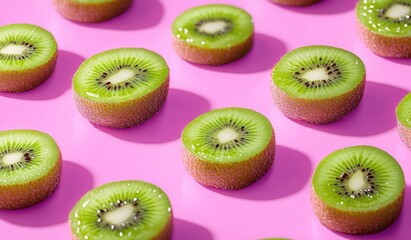 Fototapeta premium Vibrant Pop Art Still Life with Fresh Sliced and Whole Kiwi Fruits Against Bright Pink Background