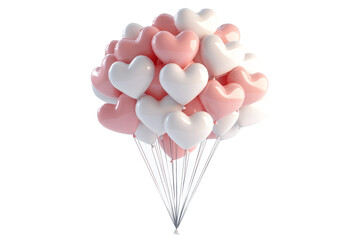 A cluster of pink and white heart-shaped balloons tied together isolated on white transparent background, symbol of love and celebration