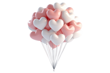 A cluster of pink and white heart-shaped balloons tied together isolated on white transparent background, symbol of love and celebration