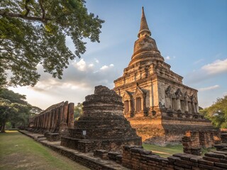 Fototapeta premium Ancient Ruins of Wat Phra That Khamphaeng Phet, Thailand - Historical Temple Stock Photo