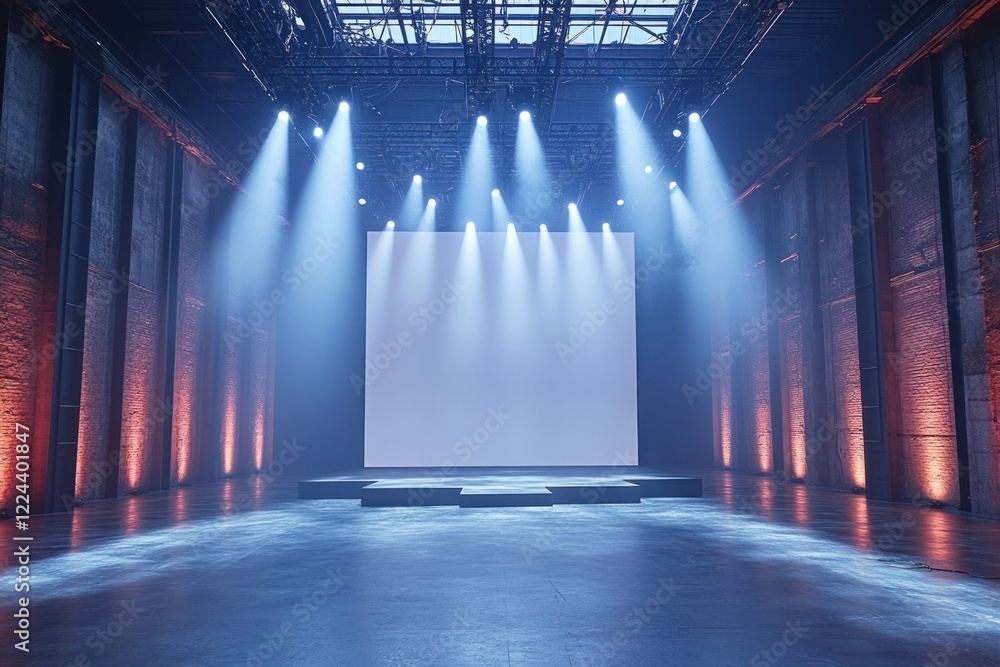 Poster modern minimalistic stage design with blank screen in high-tech exhibition hall