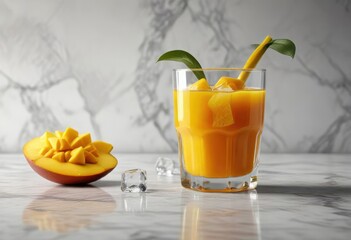 Glass of mango juice with ice cubes on a marble countertop , container, glass, cold