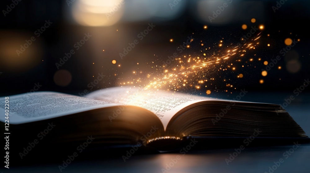 Poster magical sparks emanating from an open book with soft glowing light in a mysterious setting