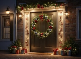 Glittering fairy lights and sparkly ornaments adorn a beautiful evergreen wreath hanging on a festive holiday door, festive decor, cozy home, sparkly ornaments