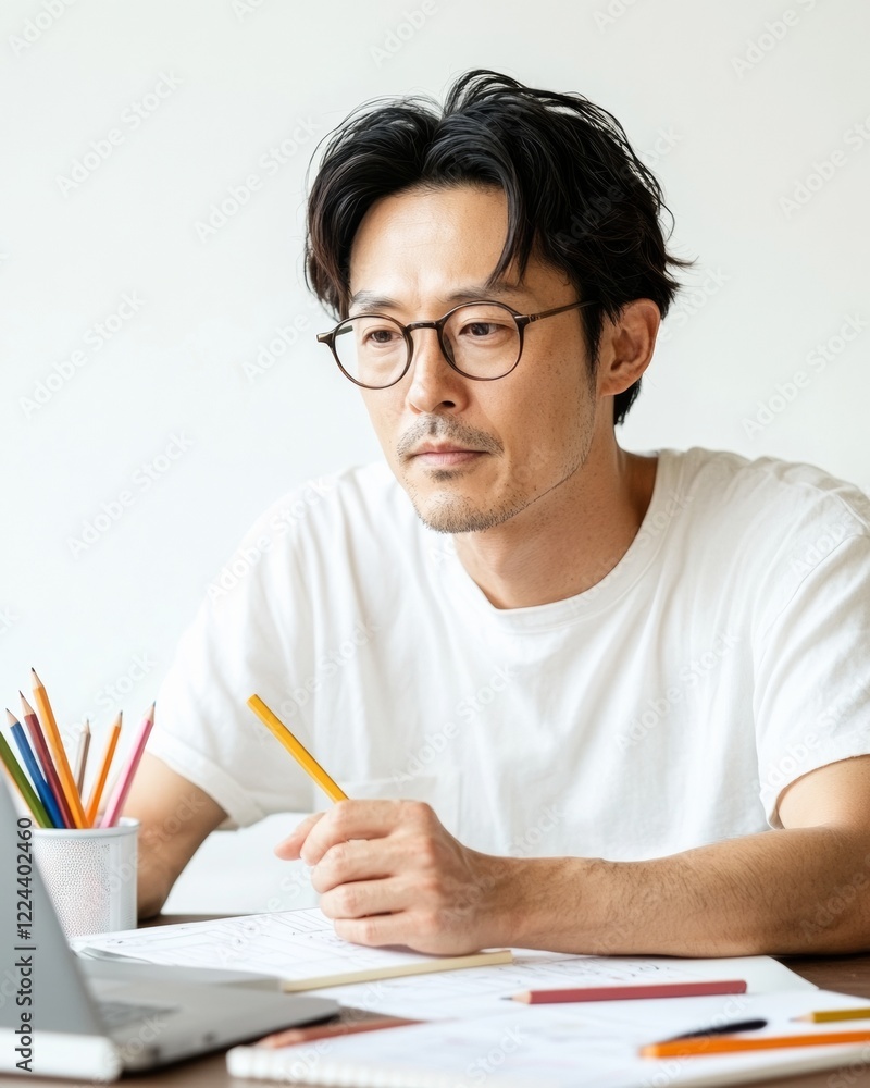 Poster Analog-Digital Synergy Young Asian Designer Sketching Website Wireframe with Pencil - Handcrafted UI and Creative Coding for Innovative Tech Projects