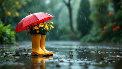 A rainy day scene featuring a red umbrella and yellow rubber boots, embodying the spirit of April showers and spring rain