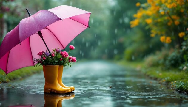 A scene of a rainy day featuring a pink umbrella and yellow rubber boots, capturing the essence of April showers and the arrival of spring