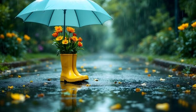 A blue umbrella and yellow rubber boots on a rainy day, representing the playful spirit of spring's April showers