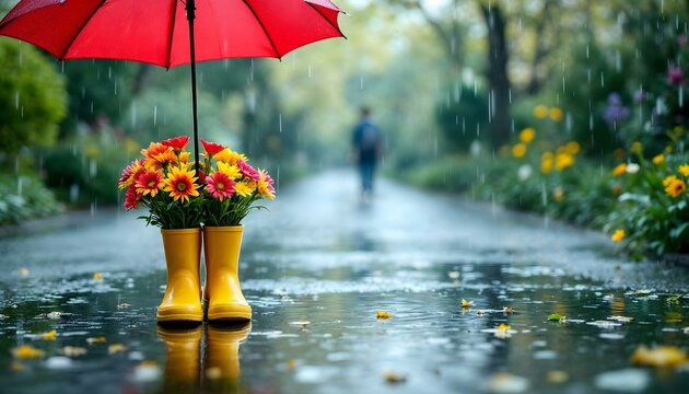 A cheerful red umbrella and bright yellow rubber boots on a rainy day, symbolizing the joy of April showers in spring