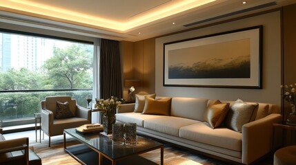 Contemporary living room with neutral tones and a blank framed picture art on the wall