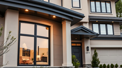 Fototapeta premium Modern House Exterior at Night: Luxury Home Design and Architecture. Contemporary Home Facade with Elegant Lighting and Stylish Windows.
