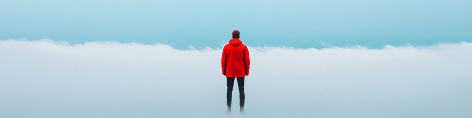 Minimalist Adventure Vibes Red Performance Jacket Amidst Cloudy Horizon - Extreme Exploration Gear and Resilience Apparel for Modern Outdoor Enthusiasts