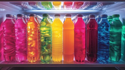 Fridge filled with colorful containers and refreshing beverages in bright lighting
