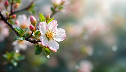 Detailed view of a pink flower with raindrops, representing the vibrant beauty of spring and the arrival of April showers