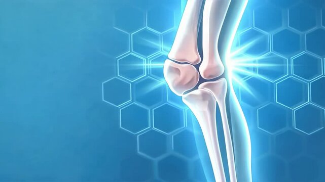 Vector graphic of knee with white outline on a hexagon patterned background, focus on arthritis and joint health, showcasing the anatomy and structural detail