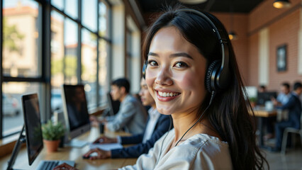 Girl in the office sitting at her desk with headphones on and smiling