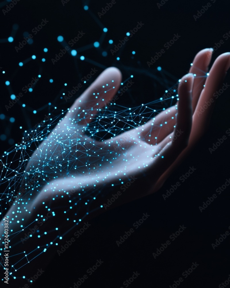 Leinwandbilder futuristic hand network art digital mesh geometry and glowing nodes - cyber aesthetics for tech mark
