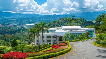 Obraz premium Contemporary energy substation surrounded by lush greenery and bright blue sky during daylight
