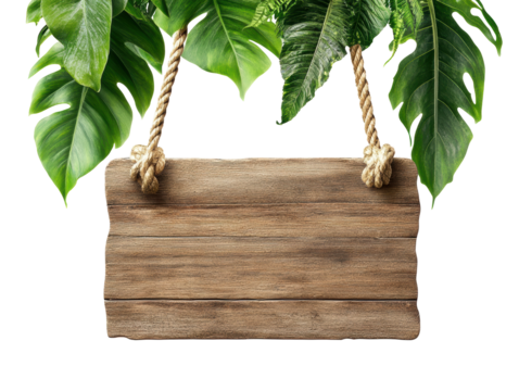 Isolated Wooden Sign with Tropical Leaves