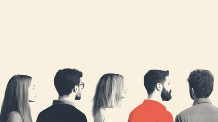 Diverse group of people standing in a row, one person in red.