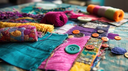 A vibrant scene showcasing colorful threads and buttons on a crafting table inspiring creativity and artistic expression.