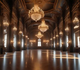 Obraz premium Grand hall with gleaming chandeliers and ornate details, stately, ornate, rich