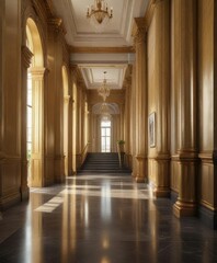 Obraz premium Grand hallway with tall, slender columns and a gleaming golden banister, elegant, luxurious