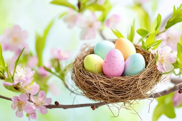 Obraz premium Bird Nest with Eggs A small bird nest resting on a tree branch, containing pastel-colored eggs