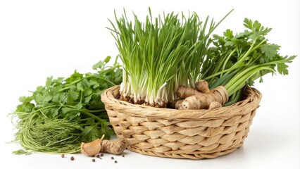 Fototapeta premium Green ginger root sprouts growing in a natural fiber basket with other herbs, plant growth, natural fibers, soil plants, botanicals, indoor plants