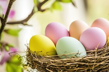 Obraz premium Bird Nest with Eggs A small bird nest resting on a tree branch, containing pastel-colored eggs