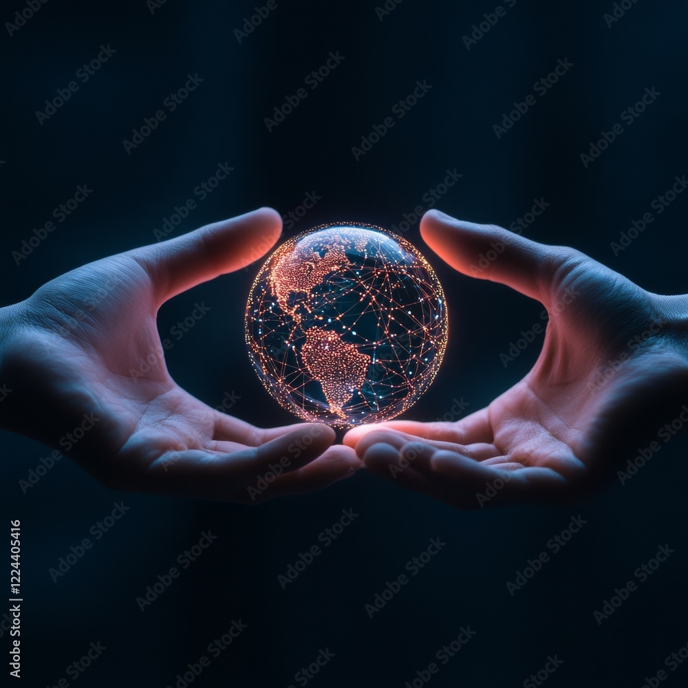 Poster Futuristic Global Networking Virtual Reality Glove and Bare Hand with Holographic Globe - Tech Innovation for Enhanced Remote Collaboration and Sustainability in Digital Business Models