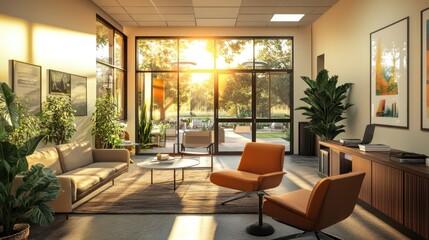Cozy team workspace with mid-century modern furniture and sunset view through large windows