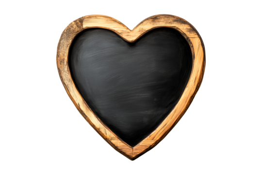 Heart-shaped wooden chalkboard with a rustic finish, isolated on a white transparent background, ideal for decoration or messages on Valentine Day