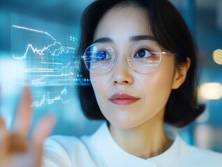 Futuristic Home Office for Digital Innovation South Korean Woman Engaged in Virtual Collaboration with Holographic Interface - Enhancing Remote Work and Marketing Efficiency