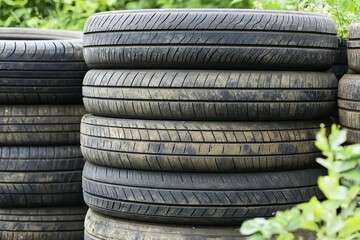 Obraz premium Stacked worn old tyres arranged for recycling, showcasing various sizes and textures, with a focus on the importance of recycling and environmental conservation