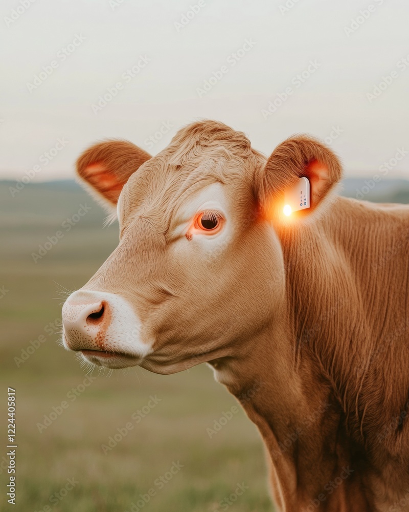 Poster tech-infused livestock monitoring smart sensor on cows ear in pastoral setting - advancing sustainab