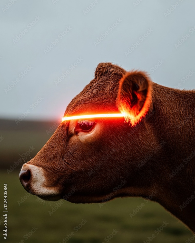 Aufkleber Modern Tech in Livestock Management Smart Sensor on Cows Ear - Enhancing Sustainable Ranching and Health Monitoring with LED-Indicated Digital Farming Solutions