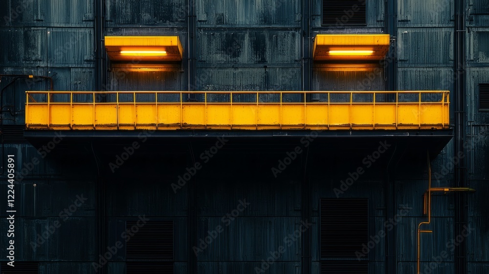 Poster beneath a dusky sky, bright yellow balconies project from the rugged surface of an industrial struct