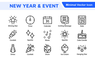 Fototapeta premium New Year and Celebration Icon Set. A festive collection of vibrant icons designed to enhance celebrations, perfect for party invitations, event promotions, and holiday-themed projects.