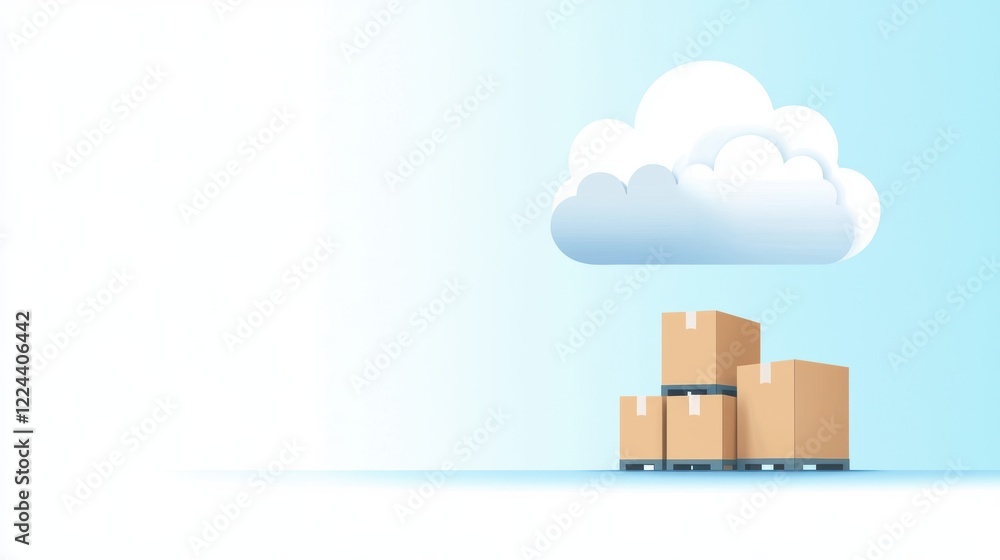 Poster warehouse cloud based inventory management cloud icon with warehouse and data icons, representing cl