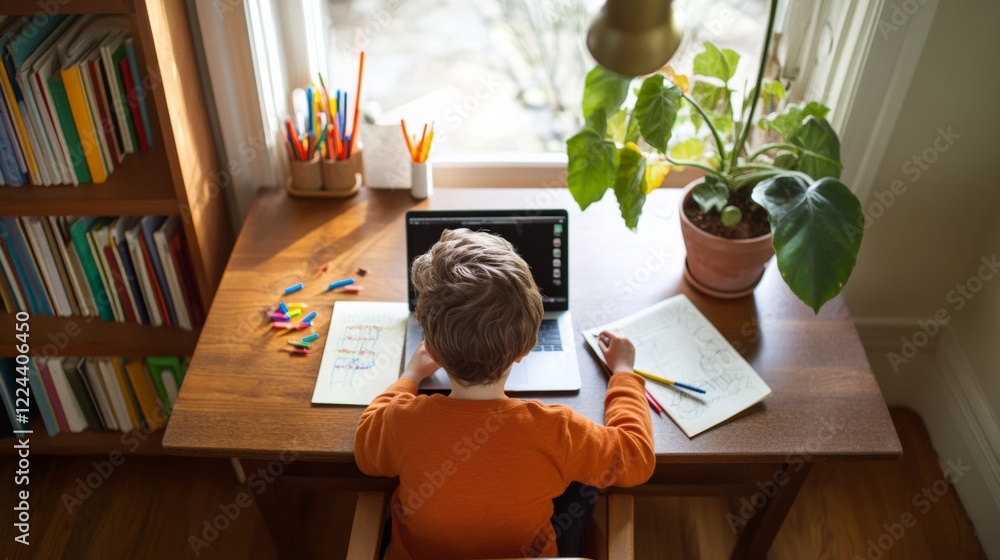 Poster contemporary home classroom shared wooden desk with bookshelf and modern laptop - organized multigen
