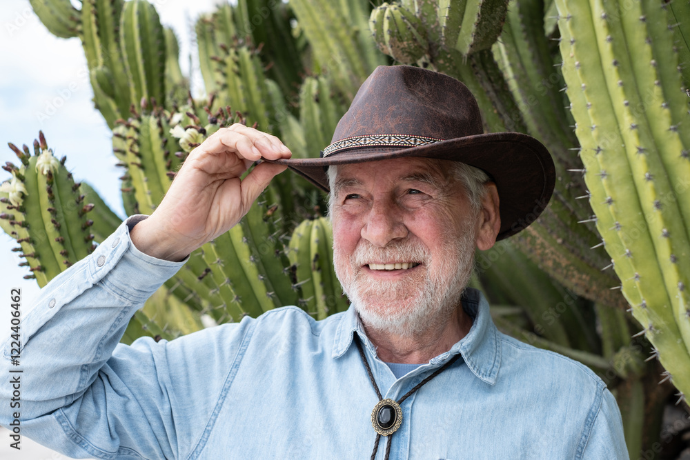 Canvas Prints Portrait of an old smiling caucasian senior bearded man in outdoors wearing a cowboy leather hat