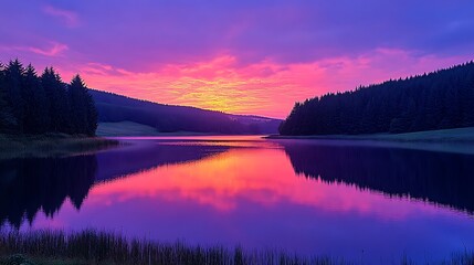 Fototapeta premium A peaceful lakeside view with clear water, surrounded by dense pine trees under a colorful sunset.