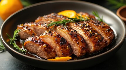 Roasted duck slices garnished with orange zest and rosemary in warm sunlight