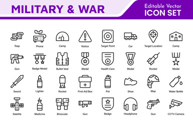 Military and War Icon Set. A powerful collection of icons representing defense and combat themes, perfect for enhancing educational materials, military websites, and historical projects.
