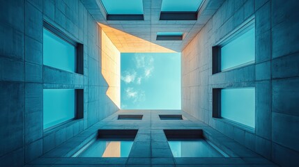 Obraz premium Construction project featuring geometric frames under bright blue sky