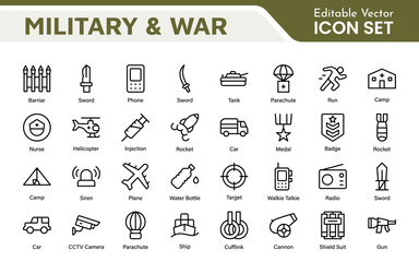 Military and War Icon Set. A powerful collection of icons representing defense and combat themes, perfect for enhancing educational materials, military websites, and historical projects.